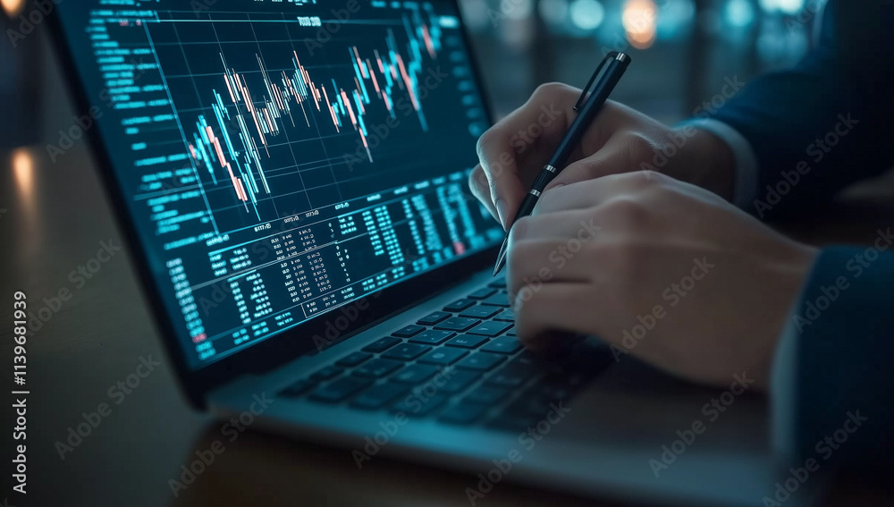 Businessman Analyzing Financial Data with Growth Graph – Strategic Business Planning and Investment Progress on Blue Background Businessman Analyzing Financial Data with Growth Graph – Strategic Business Planning and Investment Progress on Blue Background