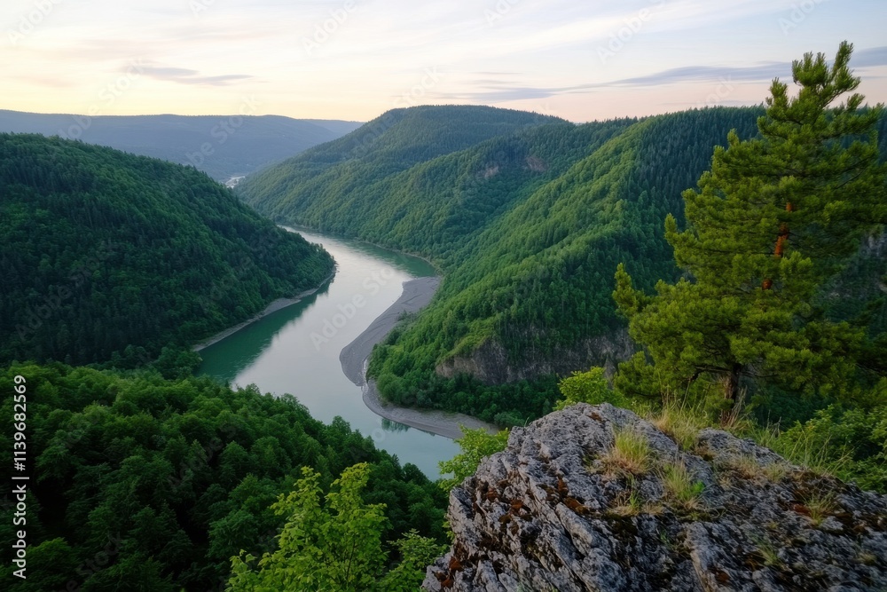 Serene Landscape of a Winding River Surrounded by Lush Green Forests and Majestic Hills at Dusk in a Peaceful Natural Setting Serene Landscape of a Winding River Surrounded by Lush Green Forests and Majestic Hills at Dusk in a Peaceful Natural Setting