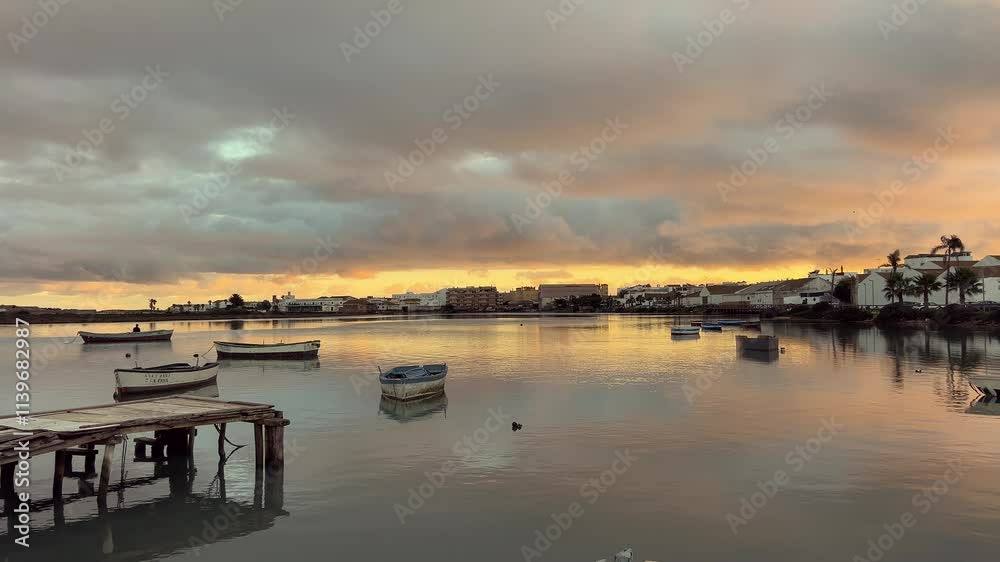 Tranquil scene of fishing boats resting in the calm waters of a harbor during a vibrant sunrise, under a dramatic cloudy sky, with the town visible in the background Tranquil scene of fishing boats resting in the calm waters of a harbor during a vibrant sunrise, under a dramatic cloudy sky, with the town visible in the background