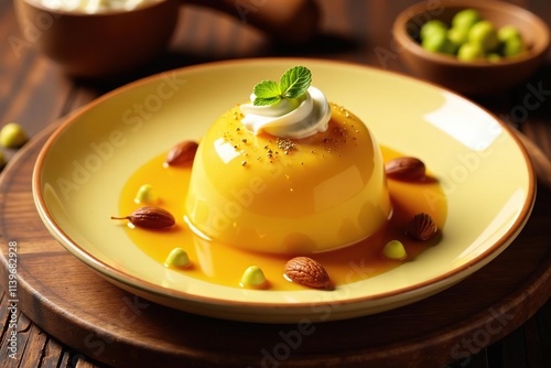 Golden gulab jamun on a cream-covered saffron plate garnished with pistachios, golden, almonds, cream