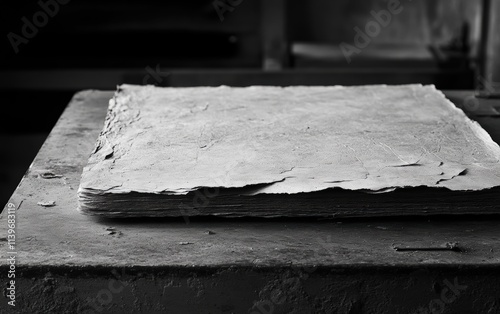 A stack of handmade paper, rough texture, sits on a dark surface. Artisanal craft, tactile detail, monochrome elegance.