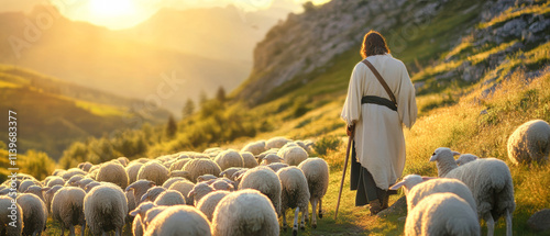 Shepherd guides a flock of sheep through a serene valley bathed in golden hour light, showcasing tranquil pastoral beauty