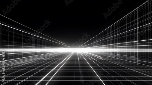 Abstract white grid lines converging to bright light on black background.