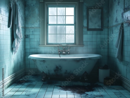 Eerie, Abandoned Bathroom: Dusty Teal Tiles & Clawfoot Tub