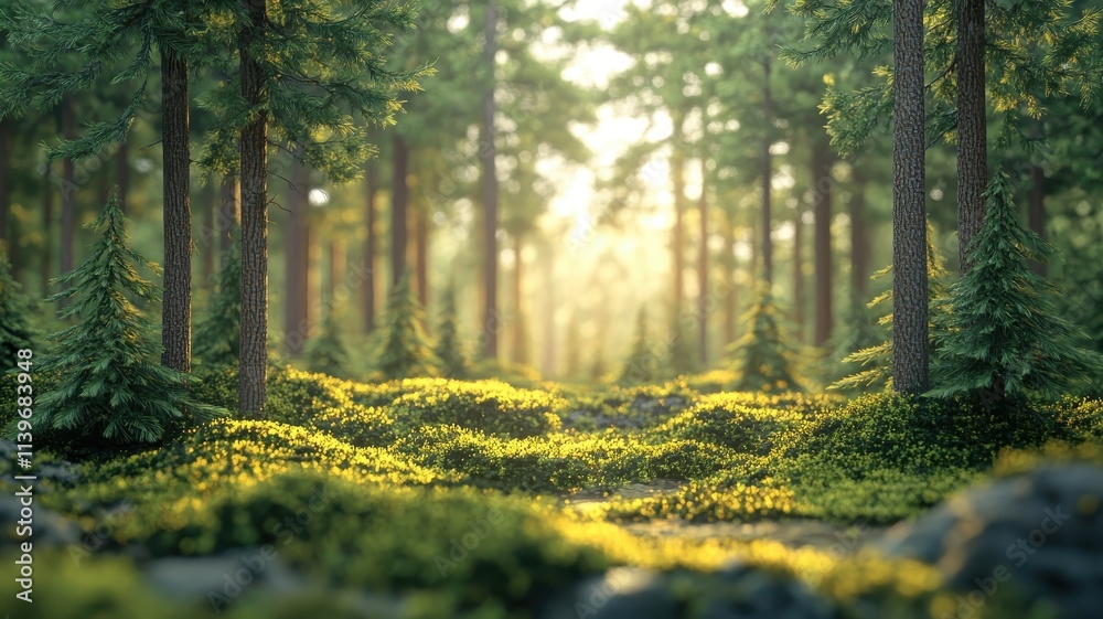 Fototapeta premium Pine forest depicted in stylized 3D style, offering a vivid and realistic portrayal with dynamic forms and intricate details to enhance the depth of the forest scene.