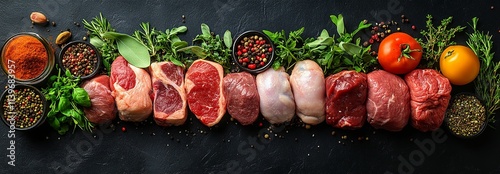 Assortment of raw meat on a wooden  table with vegetable for keto or carnivore diet illustration
