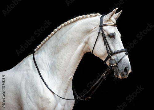 Portrait of stunning dressage white gelding horse photo