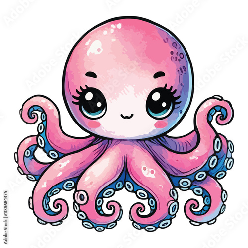 Octopus sea animal. Watercolor cartoon on a white background. photo