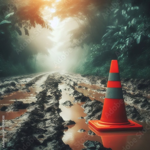 Traffic cone on the muddy , damaged street, road, safety, construction photo