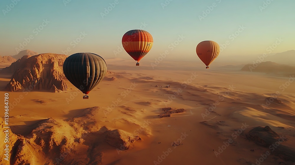 Obraz premium Hot air balloons float over a vast desert landscape at sunrise.