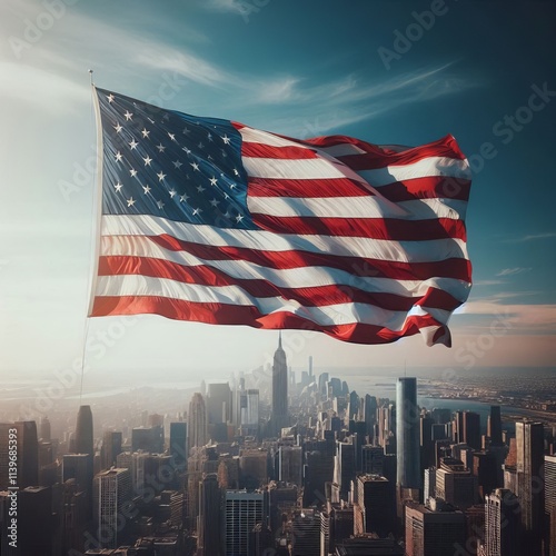 American flag waving in the wind with a clear blue sky and white clouds in the background photo