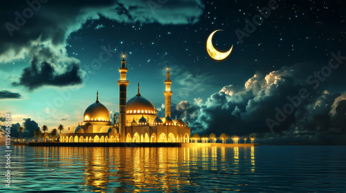 Golden mosque illuminated under a starry night sky with reflections in tranquil water photo