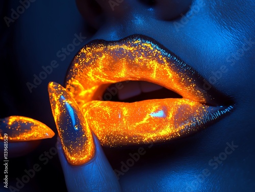 Glowing Orange Lips and Nails: Neon Makeup Art