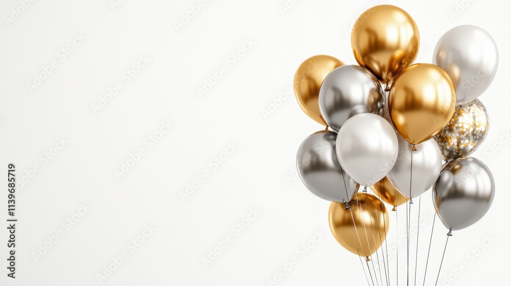 Gold and silver balloons floating in the air, with central empty space for messages Gold and silver balloons floating in the air, with central empty space for messages