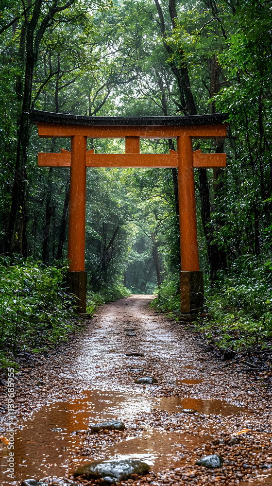 Rainy Path Leads to Tranquil Forest Gate Rainy Path Leads to Tranquil Forest Gate