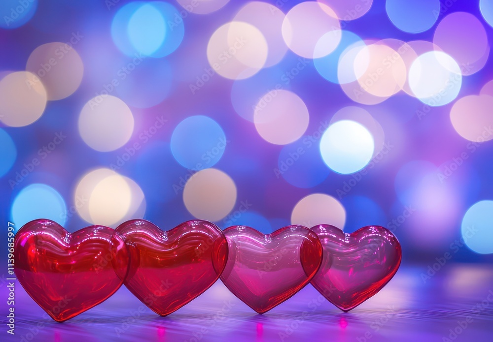 Red and pink hearts on a purple and blue bokeh background with glass hearts in foreground. Red and pink hearts on a purple and blue bokeh background with glass hearts in foreground.