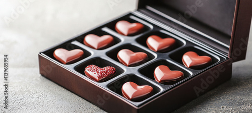 Indulge in luxurious assortment of heart shaped chocolates, beautifully arranged in sleek box. Perfect for gifting or treating yourself