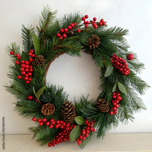 Christmas Wreath with Festive Lights, Pinecones, and Ornaments