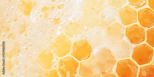 Texture of sticky honeycomb showing glistening golden cells and sweet honey dripping photo