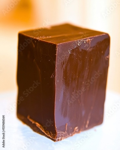 Close-up of a single, dark brown, square chocolate block.