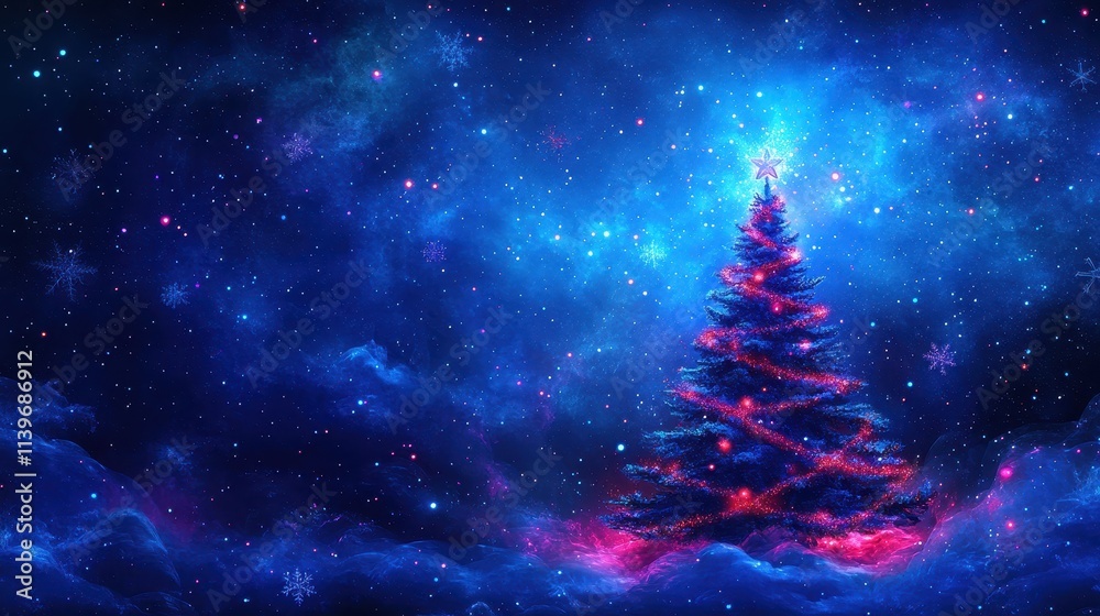 A silhouette of a Christmas tree under a starry sky, leaving ample blank space A silhouette of a Christmas tree under a starry sky, leaving ample blank space