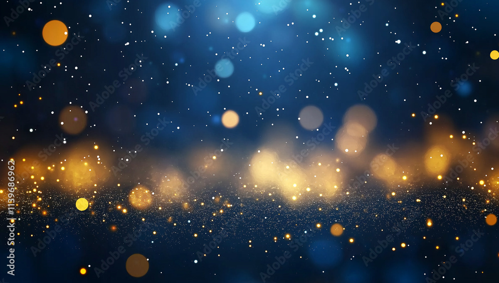 Abstract Blurred Bokeh Lights on Dark Blue Background – Festive Christmas and New Year Template with Glittering Stars and Sparkling Effects Abstract Blurred Bokeh Lights on Dark Blue Background – Festive Christmas and New Year Template with Glittering Stars and Sparkling Effects