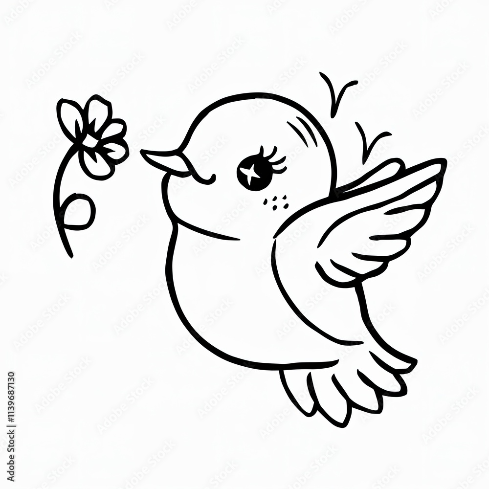 Fototapeta premium Endearing Cartoon Illustration of a Hummingbird Near a Flower