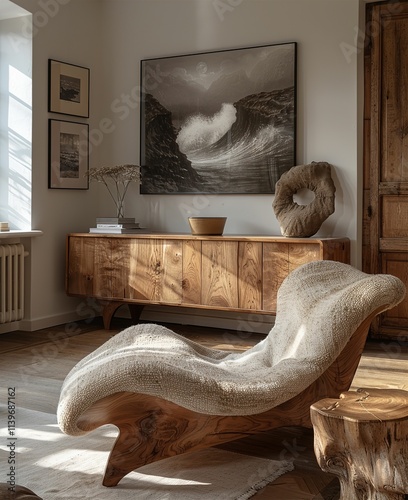 Scandinavian home interior design of modern living room. Artistic wooden carving sideboard with flowing textures and big mock up frame in a light-filled, modern space