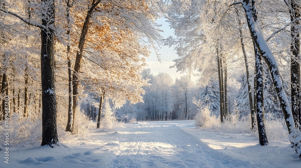 Obraz premium Winter wonderland forest path. Sunlight through snow covered trees.