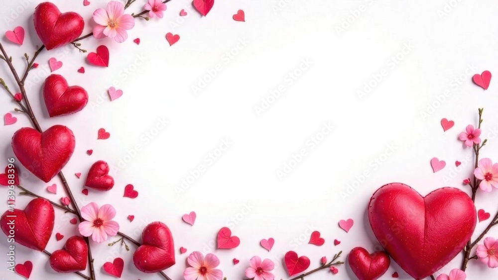 Hearts and flowers on a white background, top view, layout for a card for Valentine's Day, Mother's Day, weddings, place for text Hearts and flowers on a white background, top view, layout for a card for Valentine's Day, Mother's Day, weddings, place for text