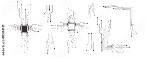 Circuit board line microchip, software. Integrated motherboard, connections. Innovative Electronic Network. Technology background, design elements geometric and connection system.
