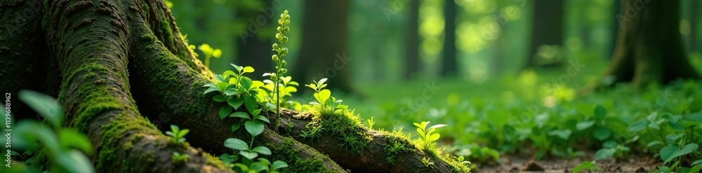 Forest horsetail grows near ancient tree trunk, forest, forest floor, bark Forest horsetail grows near ancient tree trunk, forest, forest floor, bark