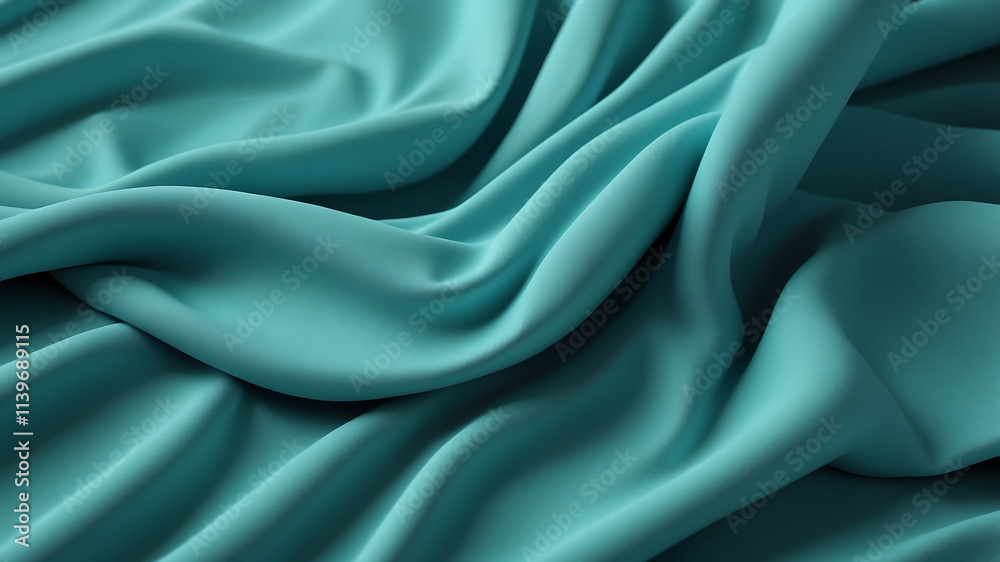 Fototapeta premium Soft plush teal fabric drapes elegantly, showcasing its smooth texture and gentle folds. rich color adds touch of luxury to any design