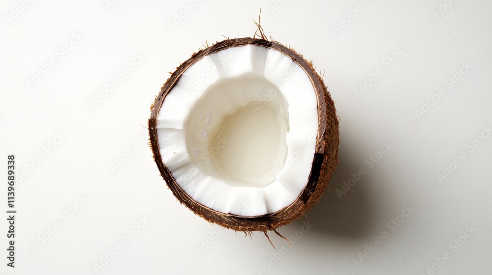 Fresh coconut cut in half, showing the white flesh and coconut water. Fresh coconut cut in half, showing the white flesh and coconut water.