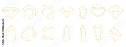 Crystal gemstone gold thin line polygon stone, contour gem, polyhedron. Elegant outline geometric quartz, jewel. Mineral linear icon.