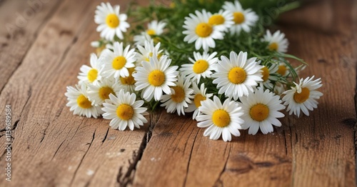 Detailed shot of camomile flowers on a natural wood surface, flower, texture