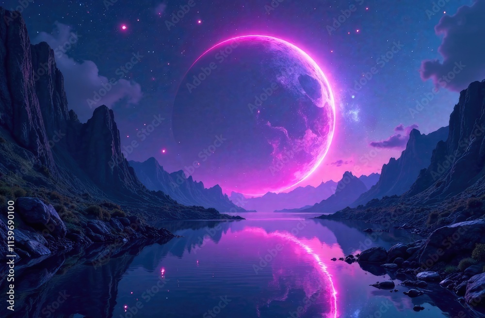 Futuristic fantasy landscape, sci-fi landscape with planet, neon light, cold planet. Galaxy, unknown planet. Dark natural scene with light reflection in water. Neon space galaxy portal. Futuristic fantasy landscape, sci-fi landscape with planet, neon light, cold planet. Galaxy, unknown planet. Dark natural scene with light reflection in water. Neon space galaxy portal.