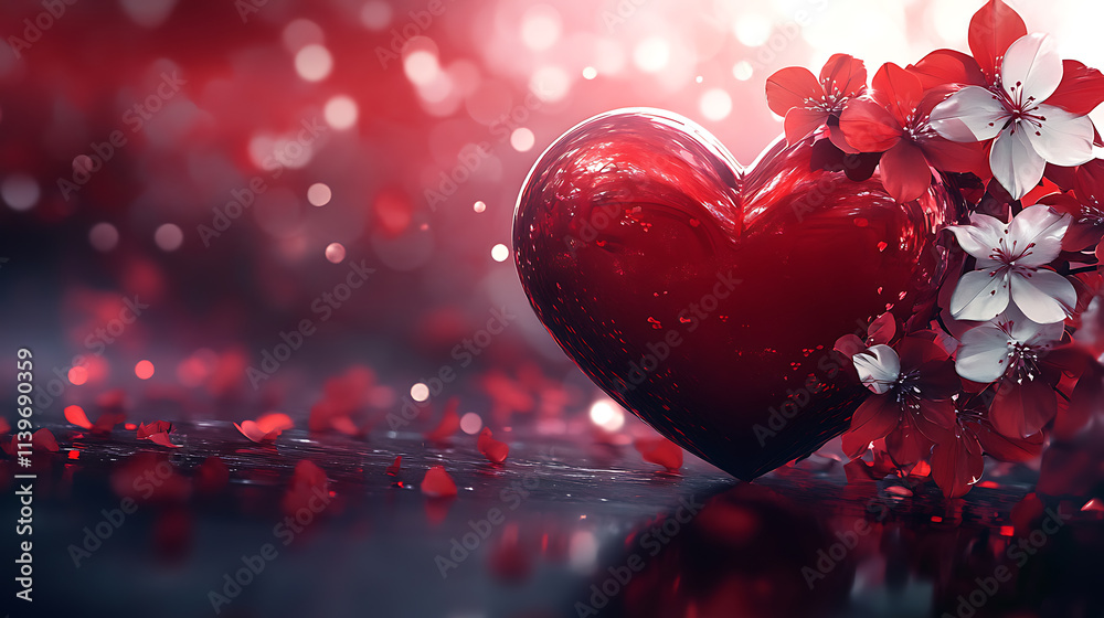 Romantic Red Heart with Blossoms, a Stunning Valentine's Day Image. A vibrant, digitally created image showcasing a glossy red heart surrounded by delicate white and red blossoms. Romantic Red Heart with Blossoms, a Stunning Valentine's Day Image. A vibrant, digitally created image showcasing a glossy red heart surrounded by delicate white and red blossoms.