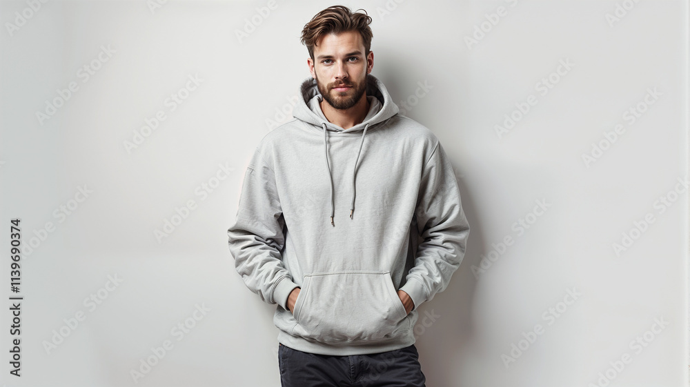 Portrait of a handsome man in a gray hoodie on a white background Portrait of a handsome man in a gray hoodie on a white background