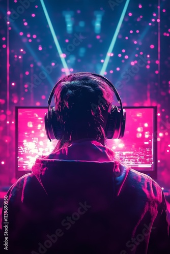 vertical image of gamer from back with headset and monitor in neon cyberspace, phygital games, cyber sport, esports battle photo