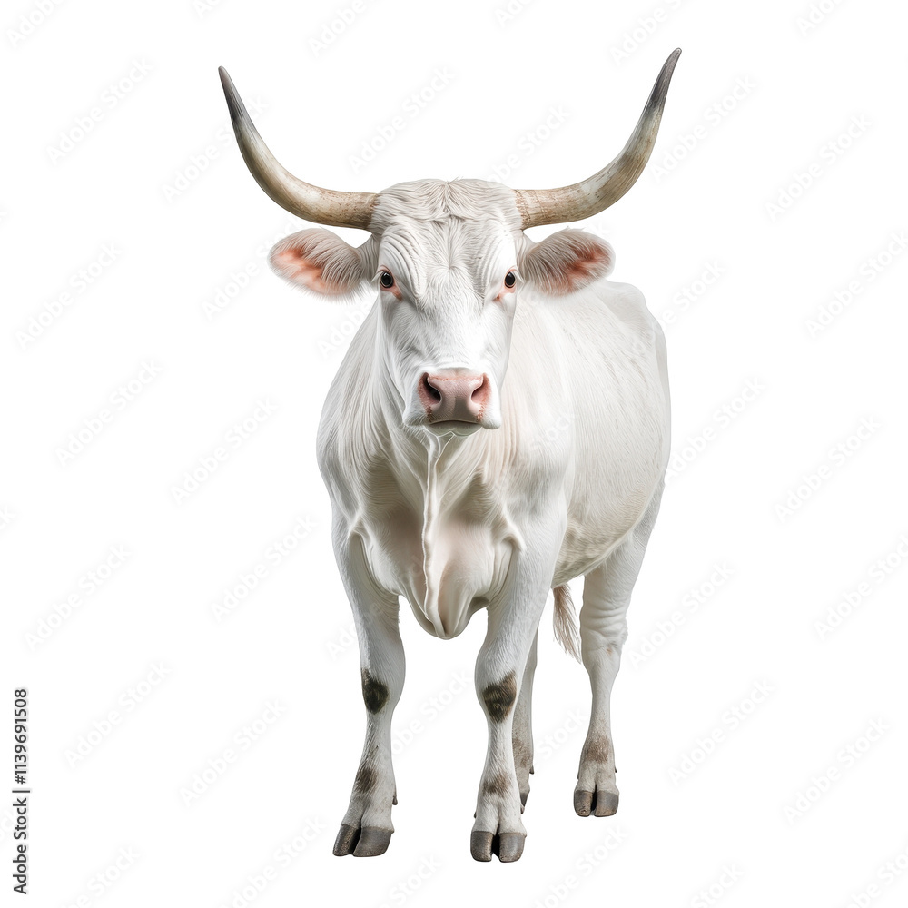 White cow standing with big horns.. transparent background