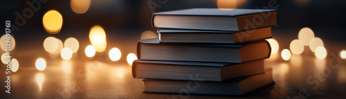 Stack of books on a table with warm bokeh lights creating a cozy atmosphere.