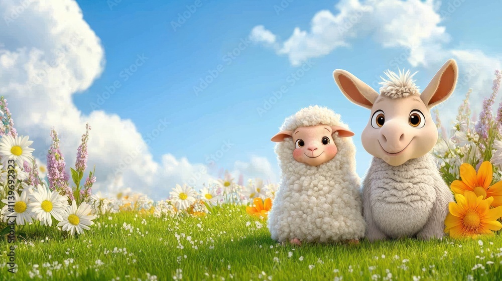Two cute animated sheep standing in a colorful meadow with flowers under a bright sky.