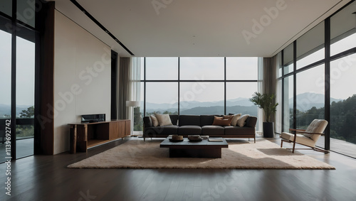 Modern living room with large windows overlooking mountains, featuring a dark sofa, coffee table, and light rug.