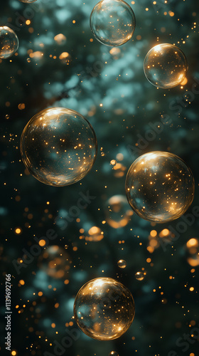 Wallpaper Mural digital art piece of floating orbs in an enchanted forest, with dark green and gold hues, evoking mystery and magic. The background is a deep blue night sky Torontodigital.ca