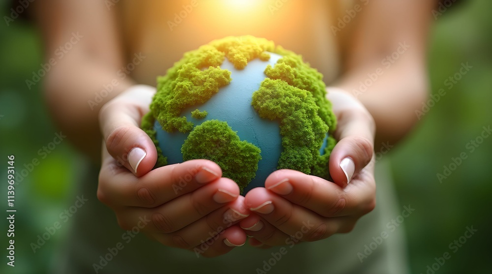 Female hands hold a small globe - the Earth is covered with lush green foliage, symbolizing environmental awareness and sustainable development. Female hands hold a small globe - the Earth is covered with lush green foliage, symbolizing environmental awareness and sustainable development.