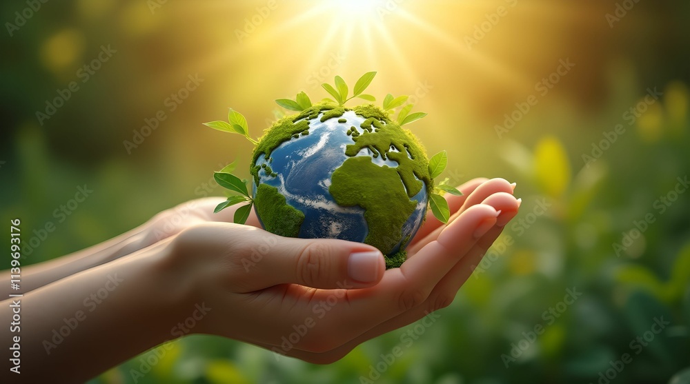 Female hands hold a small globe - the Earth is covered with lush green foliage, symbolizing environmental awareness and sustainable development. Female hands hold a small globe - the Earth is covered with lush green foliage, symbolizing environmental awareness and sustainable development.