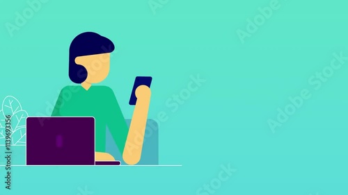 Woman use phone for video call with be loved one. Icon symbols indicate, chatting, messaging activity. Flat cartoon concept. 2d animation with alpha channel isolated