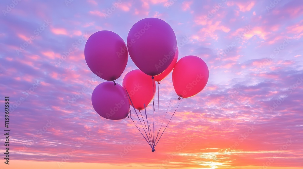 Fototapeta premium A cluster of balloons rising into a pastel sky, leaving ample room for text