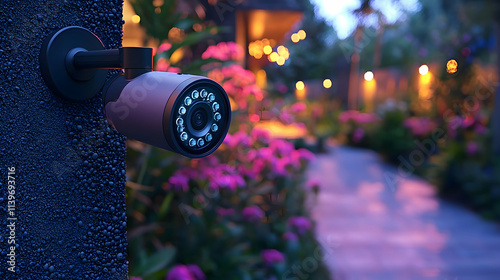 Night Vision Security Camera Captures Garden Scenery at Dusk photo